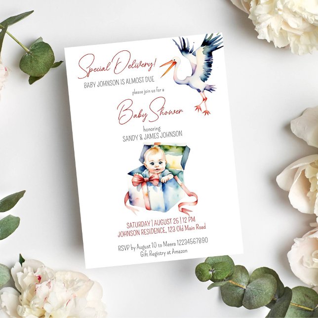 Stork special delivery funny baby shower invitation (Special delivery stork baby sitting in a gift box funny baby shower template invitation download)