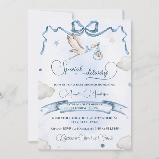 Stork Special Delivery Ribbon Bow Baby Shower Invitation (Front)