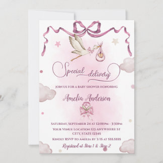 Stork Special Delivery Ribbon Bow Baby Shower Invitation