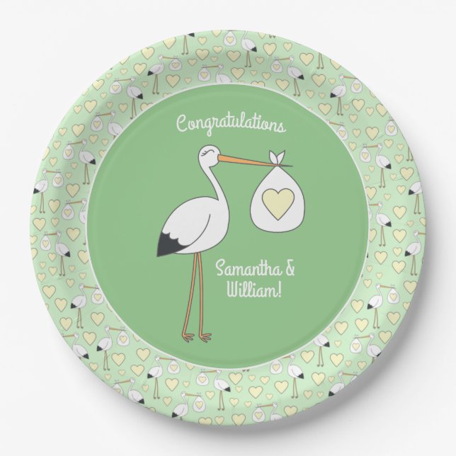 Stork Spring Baby Shower  Paper Plate (Front)