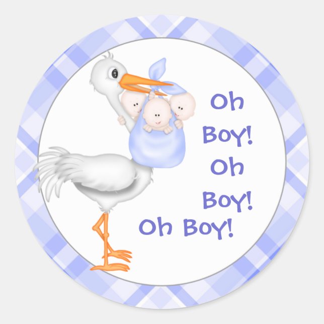 Stork & Triplet Boys Baby Announcement Classic Round Sticker (Front)