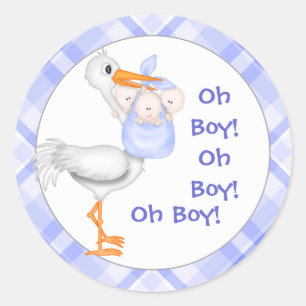 Stork & Triplet Boys Baby Announcement Classic Round Sticker