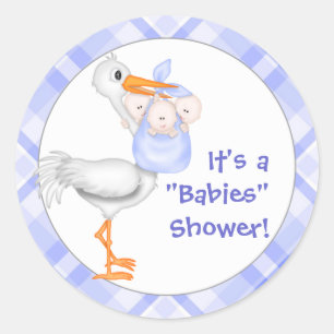 Stork & Triplet Boys Baby Shower Classic Round Sticker