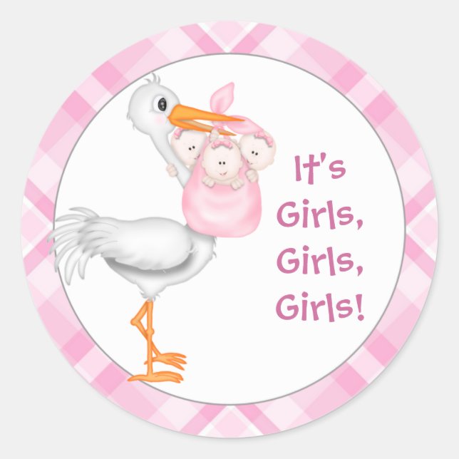Stork & Triplet Girls Baby Announcement Classic Round Sticker (Front)