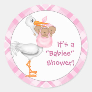 Stork & Triplet Girls (dark skin) Baby Shower Classic Round Sticker