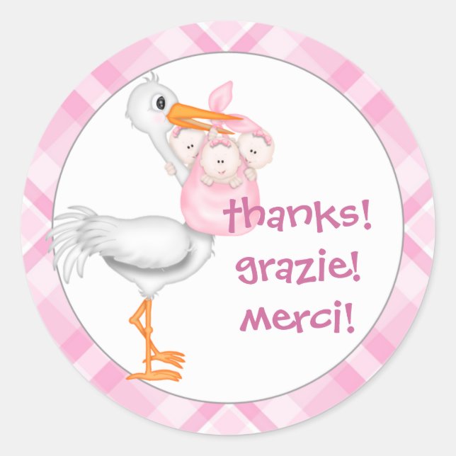 Stork & Triplet Girls Thank You Classic Round Sticker (Front)