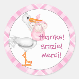 Stork & Triplet Girls Thank You Classic Round Sticker