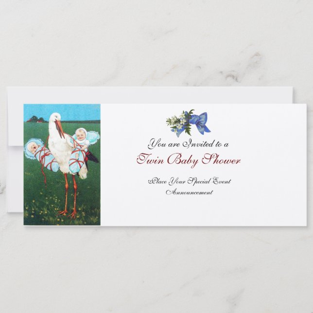 STORK TWIN BABY BOY SHOWER Champagne Metallic Invitation (Front)