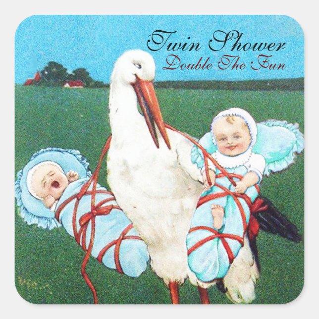 STORK TWIN BABY BOY SHOWER,teal blue Square Sticker (Front)