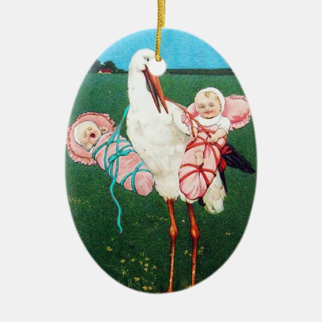 STORK TWIN BABY GIRL SHOWER CERAMIC TREE DECORATION (Front)