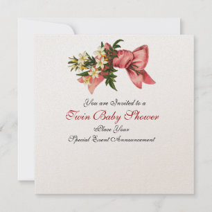 STORK TWIN BABY GIRL SHOWER , champagne metallic Invitation