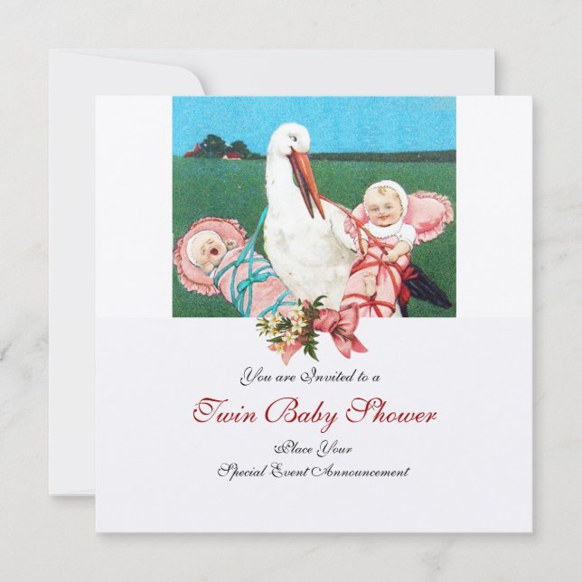 STORK TWIN BABY GIRL SHOWER , champagne metallic Invitation (Front)