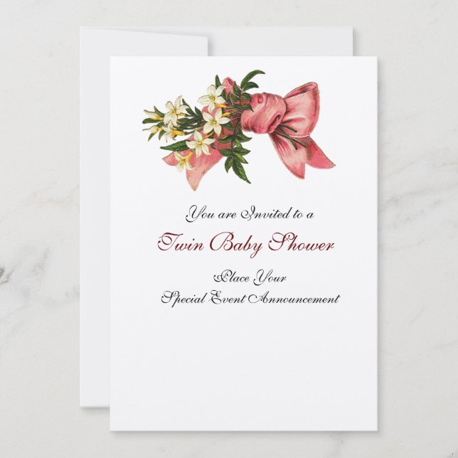 STORK TWIN BABY GIRL SHOWER , champagne metallic Invitation (Front)