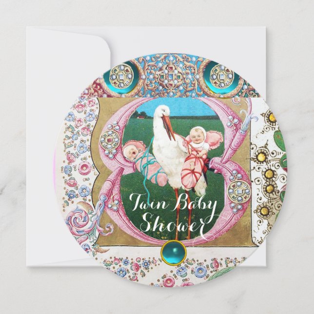 STORK TWIN BABY GIRL SHOWER,FLORAL GEMSTONES INVITATION (Front)