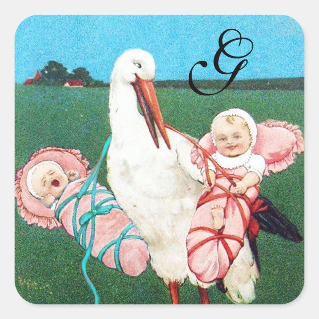 STORK TWIN BABY GIRL SHOWER MONOGRAM SQUARE STICKER (Front)