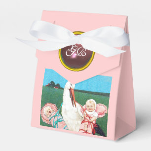 STORK TWIN BABY GIRL SHOWER PINK GEM MONOGRAM FAVOUR BOX