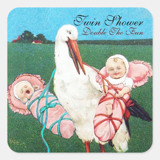 STORK TWIN BABY GIRL SHOWER SQUARE STICKER (Front)