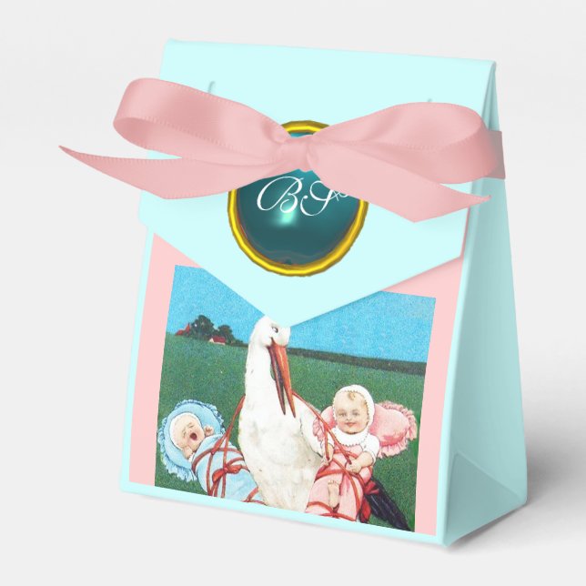 STORK TWIN BABY SHOWER BLUE GEM STONE MONOGRAM FAVOUR BOX (Front Side)