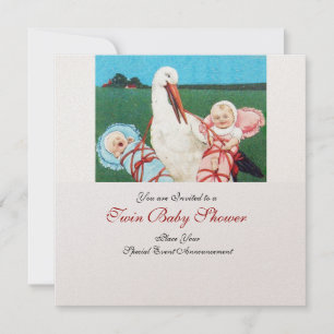 STORK TWIN BABY SHOWER , champagne metallic Invitation