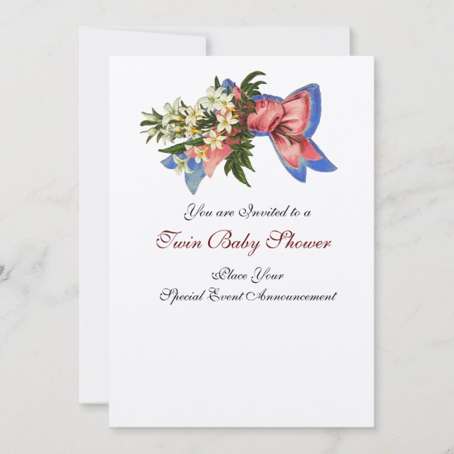 STORK TWIN BABY SHOWER , champagne metallic Invitation (Front)