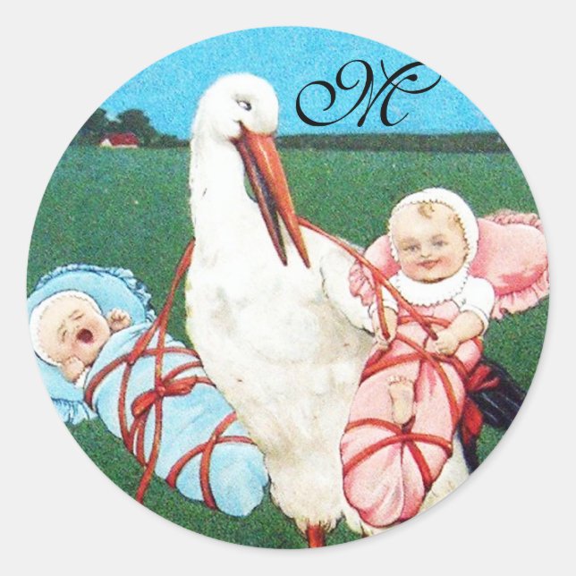 STORK TWIN BABY SHOWER MONOGRAM CLASSIC ROUND STICKER (Front)