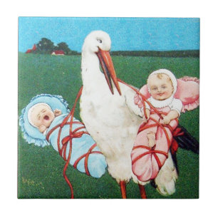 STORK TWIN BABY SHOWER MONOGRAM TILE