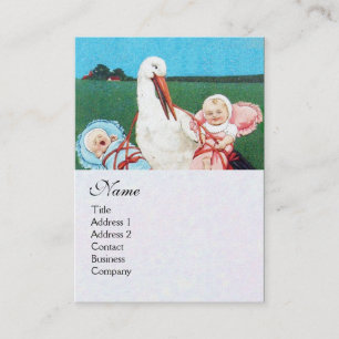 STORK TWIN BABY SHOWER MONOGRAM, white pearl paper Business Card