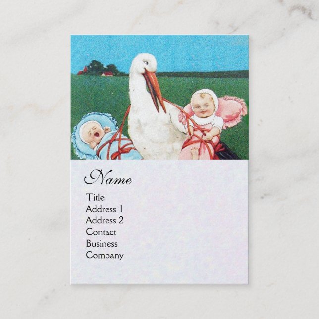 STORK TWIN BABY SHOWER MONOGRAM, white pearl paper Business Card (Front)