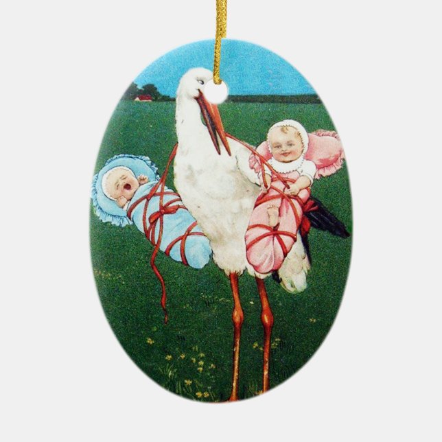 STORK TWIN BABY SHOWER, Pink ,Teal Blue Ceramic Tree Decoration (Front)