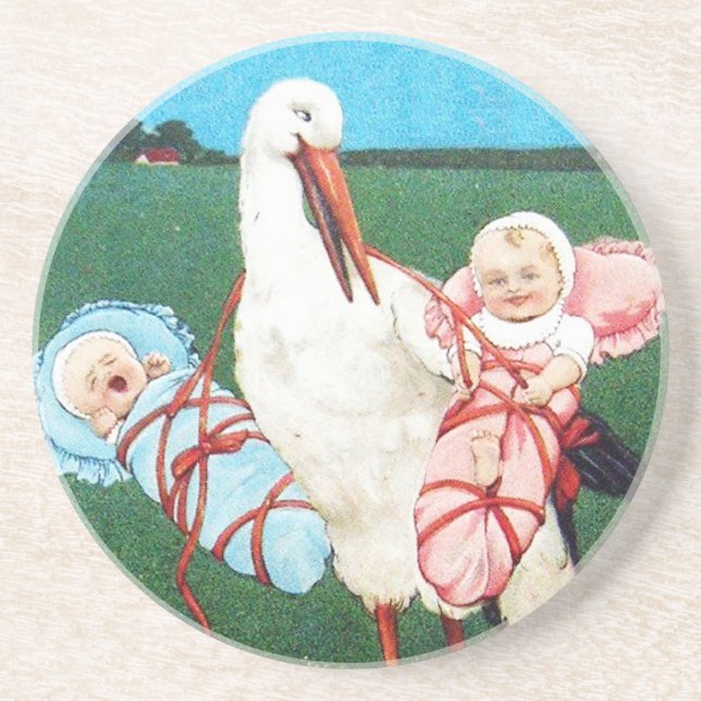 STORK TWIN BABY SHOWER, Pink ,Teal Blue Coaster (Front)