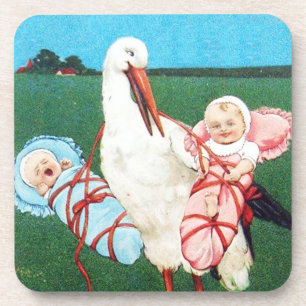 STORK TWIN BABY SHOWER, Pink ,Teal Blue Coaster