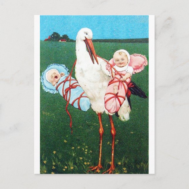 STORK TWIN BABY SHOWER, Pink ,Teal Blue Invitation Postcard (Front)