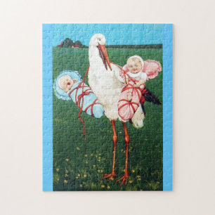 STORK TWIN BABY SHOWER, Pink ,Teal Blue Jigsaw Puzzle