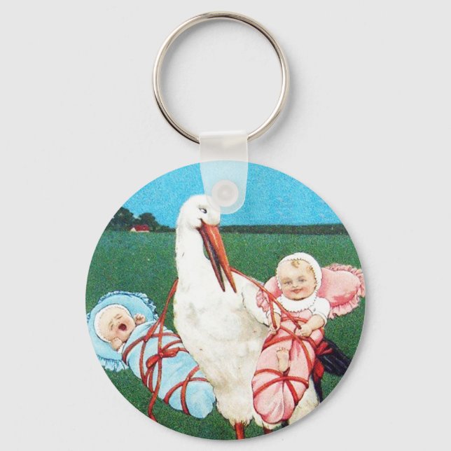STORK TWIN BABY SHOWER, Pink ,Teal Blue Key Ring (Front)