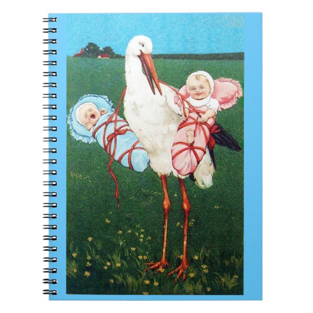 STORK TWIN BABY SHOWER, Pink ,Teal Blue Notebook (Front)