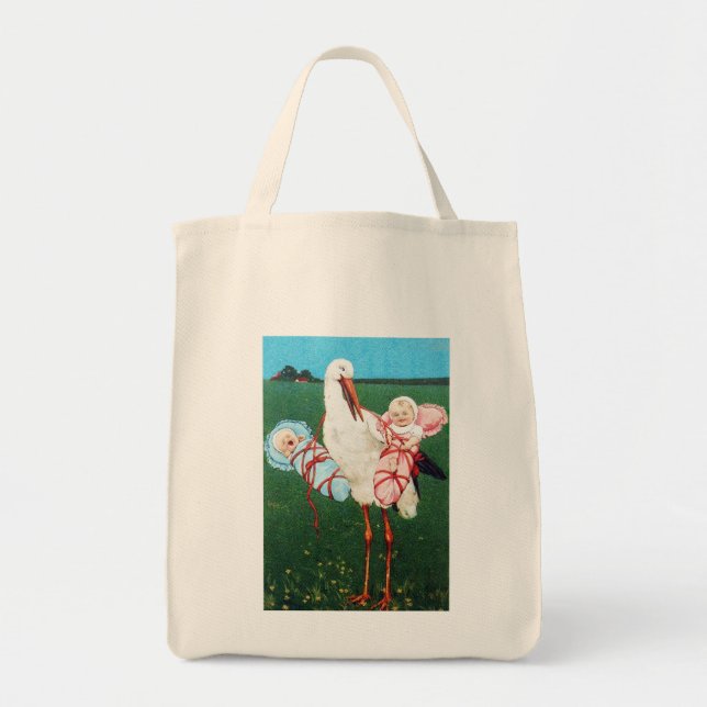STORK TWIN BABY SHOWER, Pink ,Teal Blue Tote Bag (Front)