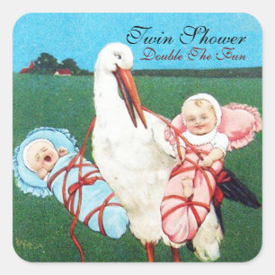 STORK TWIN BABY SHOWER SQUARE STICKER