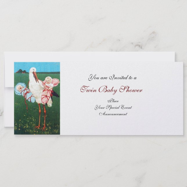 STORK TWIN BABY SHOWER  White Pearl Metallic Paper Invitation (Front)