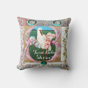 STORK TWIN BOY - GIRL BABY SHOWER,FLORAL GEMSTONES CUSHION