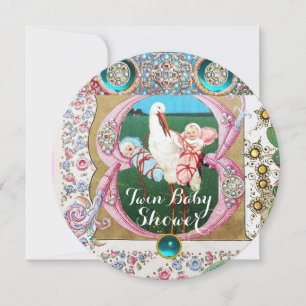 STORK TWIN BOY - GIRL BABY SHOWER,FLORAL GEMSTONES INVITATION