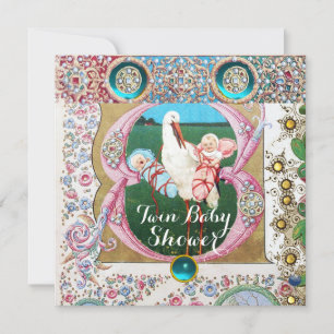 STORK TWIN BOY - GIRL BABY SHOWER,FLORAL GEMSTONES INVITATION