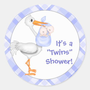 Stork & Twin Boys Baby Shower Classic Round Sticker