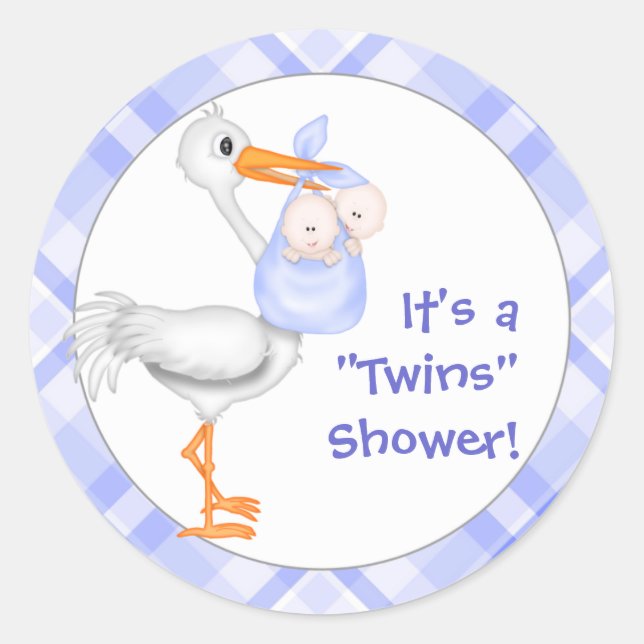 Stork & Twin Boys Baby Shower Classic Round Sticker (Front)