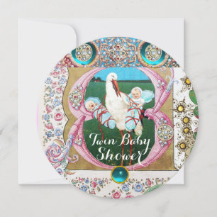 STORK TWIN BOYS BABY SHOWER,FLORAL GEMSTONES INVITATION