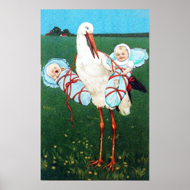 STORK TWIN BOYS BABY SHOWER MONOGRAM, POSTER (Front)