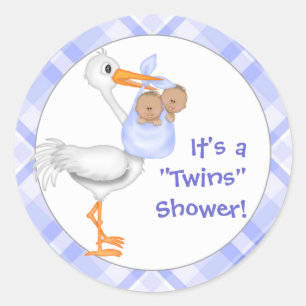 Stork & Twin Boys (dark skin) Baby Shower Classic Round Sticker