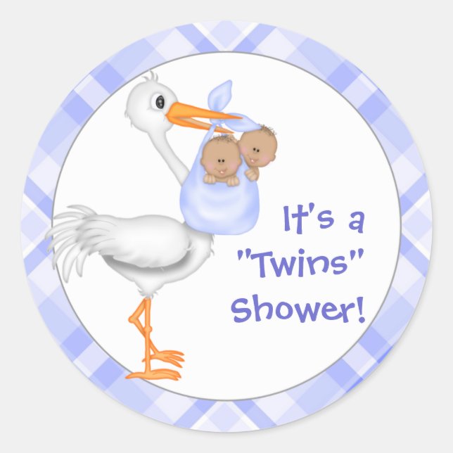 Stork & Twin Boys (dark skin) Baby Shower Classic Round Sticker (Front)