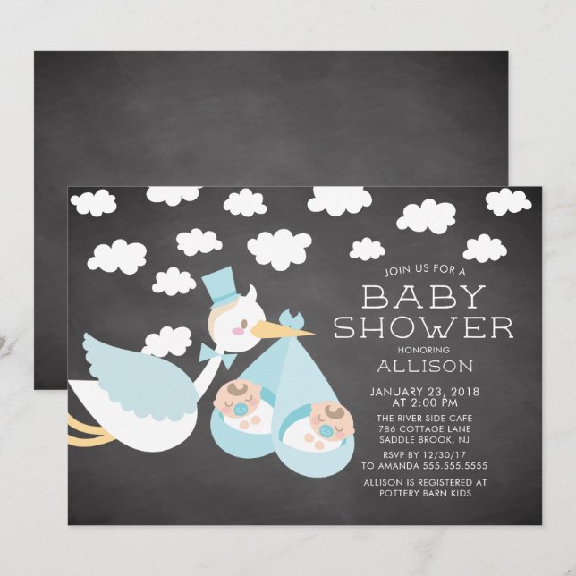 Stork & Twin Boys Twins Baby Shower Invitation (Front/Back)