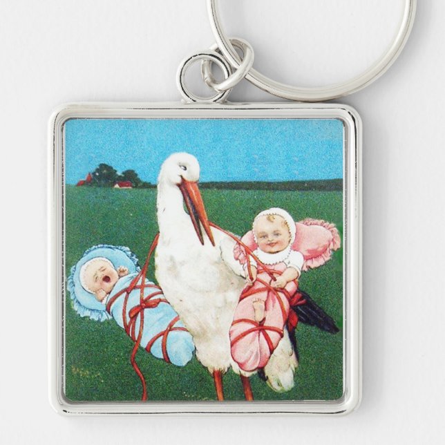 STORK TWIN GIRL AND BOY BABY SHOWER,Pink Teal Blue Key Ring (Front)