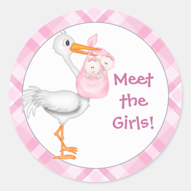 Stork & Twin Girls Baby Announcement Classic Round Sticker (Front)